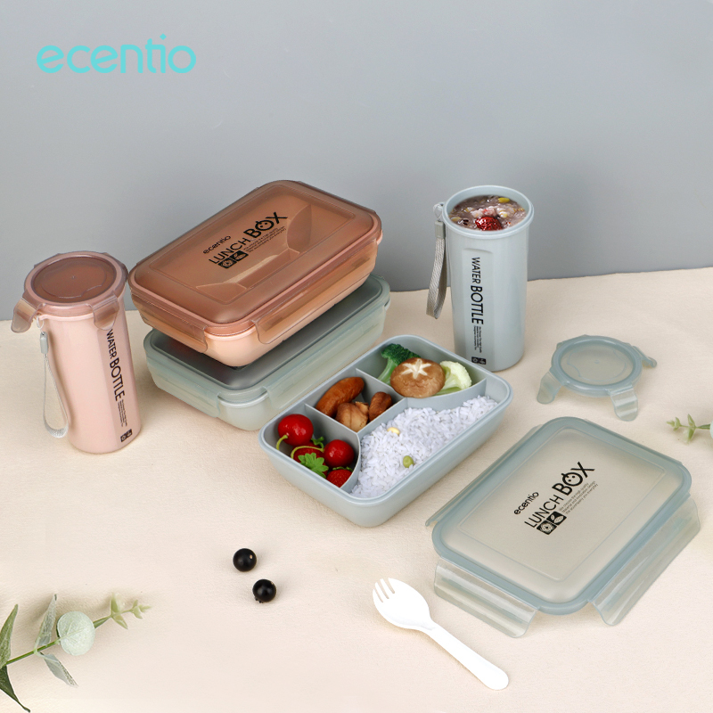 ecentio Lunch Box Tas Bekal Set Free Sendok Anti Tumpah Botol Minum Cangkir Sup Kotak Bekal Makan Portable Tempat Makan BPA free