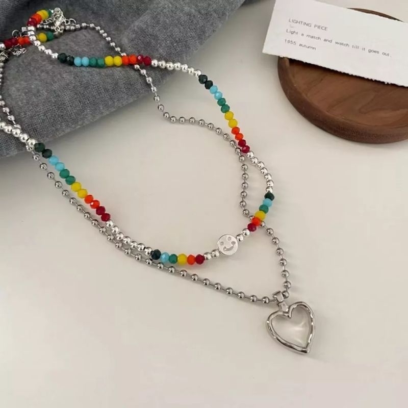 Mayythelabel | Harvey Necklace 2pcs | READY STOCK SIAP KIRIM | Kalung Rantai Klavikula Manik-Manik Dua Lapis Bahan Akrilik Gaya Hip-Hop Untuk Wanita