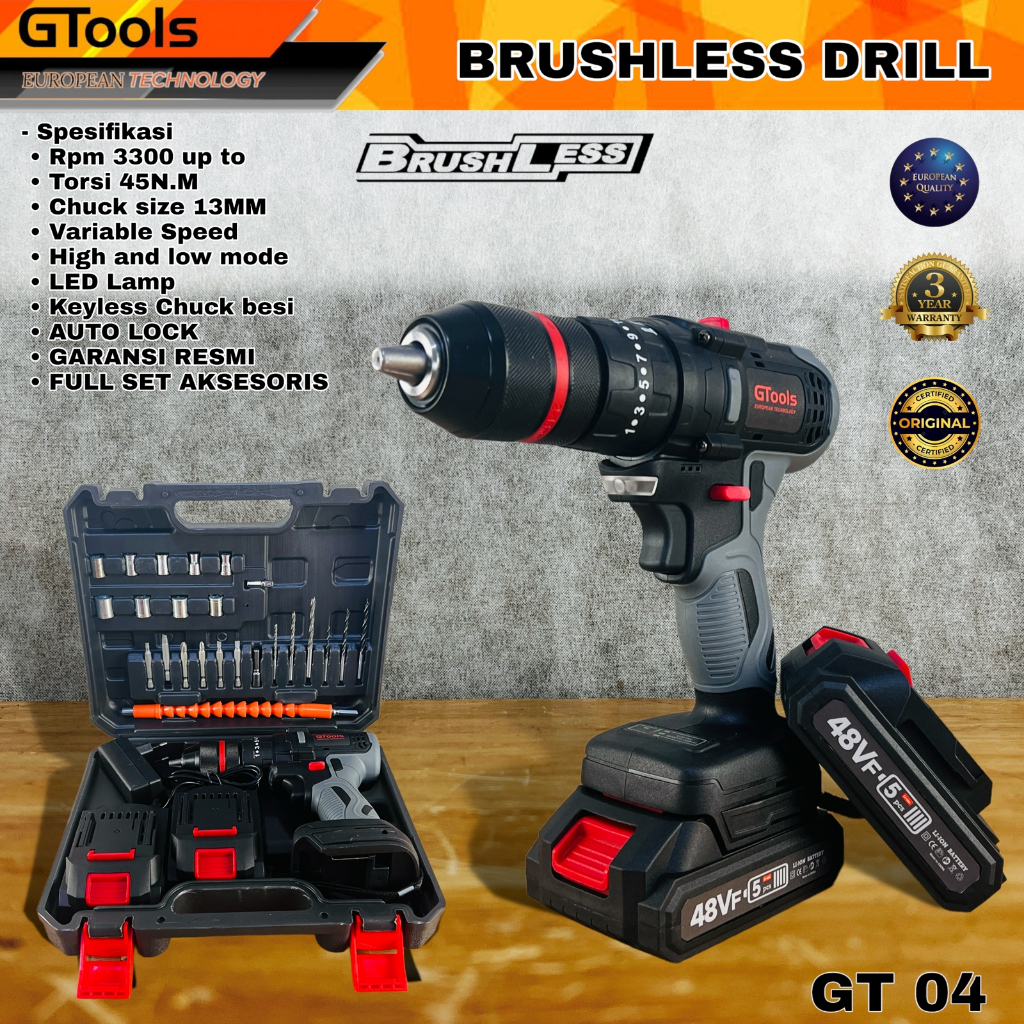 Bor cordless GTOOLS EROPA GT04 48V 13mm brushless impact drill fullset mesin bor beton besi kayu sek