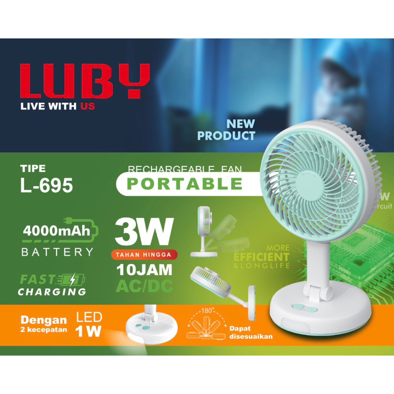 LUBY KIPAS PORTABLE L 695 2 IN 1 KIPAS DENGAN LAMPU EMERGENCY AC DC