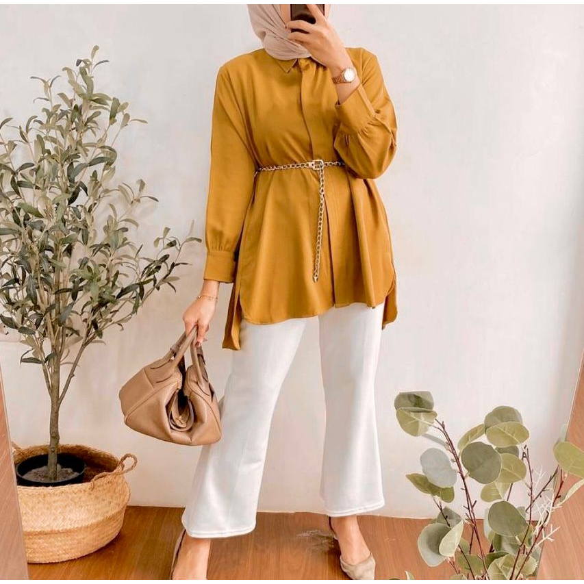 Safia Blouse Kemeja Polos Bahan Shakila Atasan Wanita Full Kancing Lengan Panjang Allsize