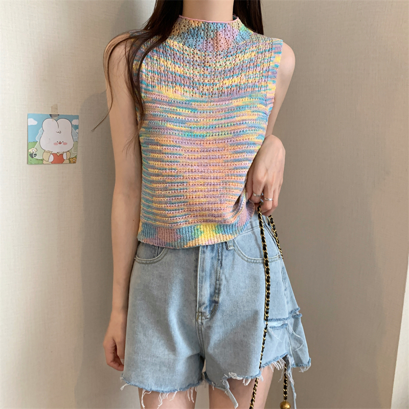 BEARYJEANS Colorful Slim Knit Sweater Vest Neck Crop Rajut Wanita Tanpa Lengan Musim Panas Fashion Korea Import - BJ093