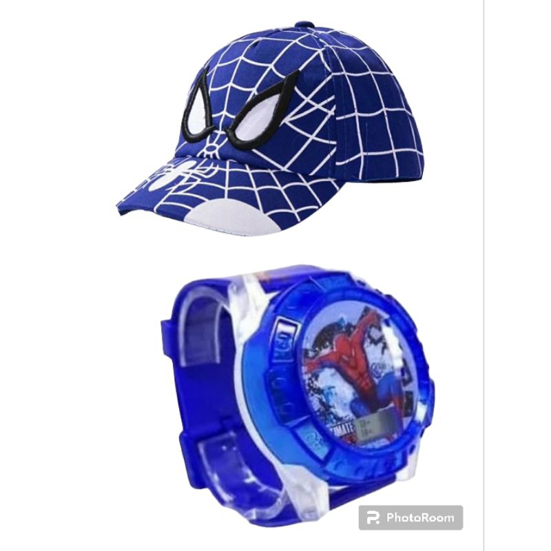 (Cod)Jam Tangan Anak-Anak Spiderman Led Musik Lampu+Topi Spiderman Strap Rubber(Dikirim Jakarta)