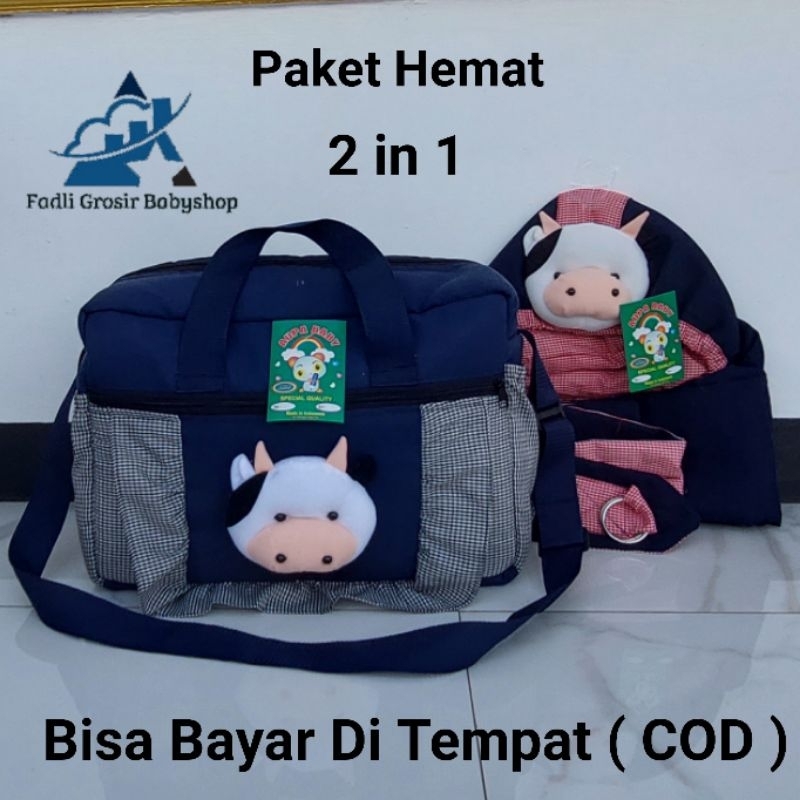 Paket Hemat (2 in 1) Tas Bayi Besar Fadli Boneka Sapi Dan Gendongan Bayi Samping Topi Kerut Boneka Sapi Terbaru
