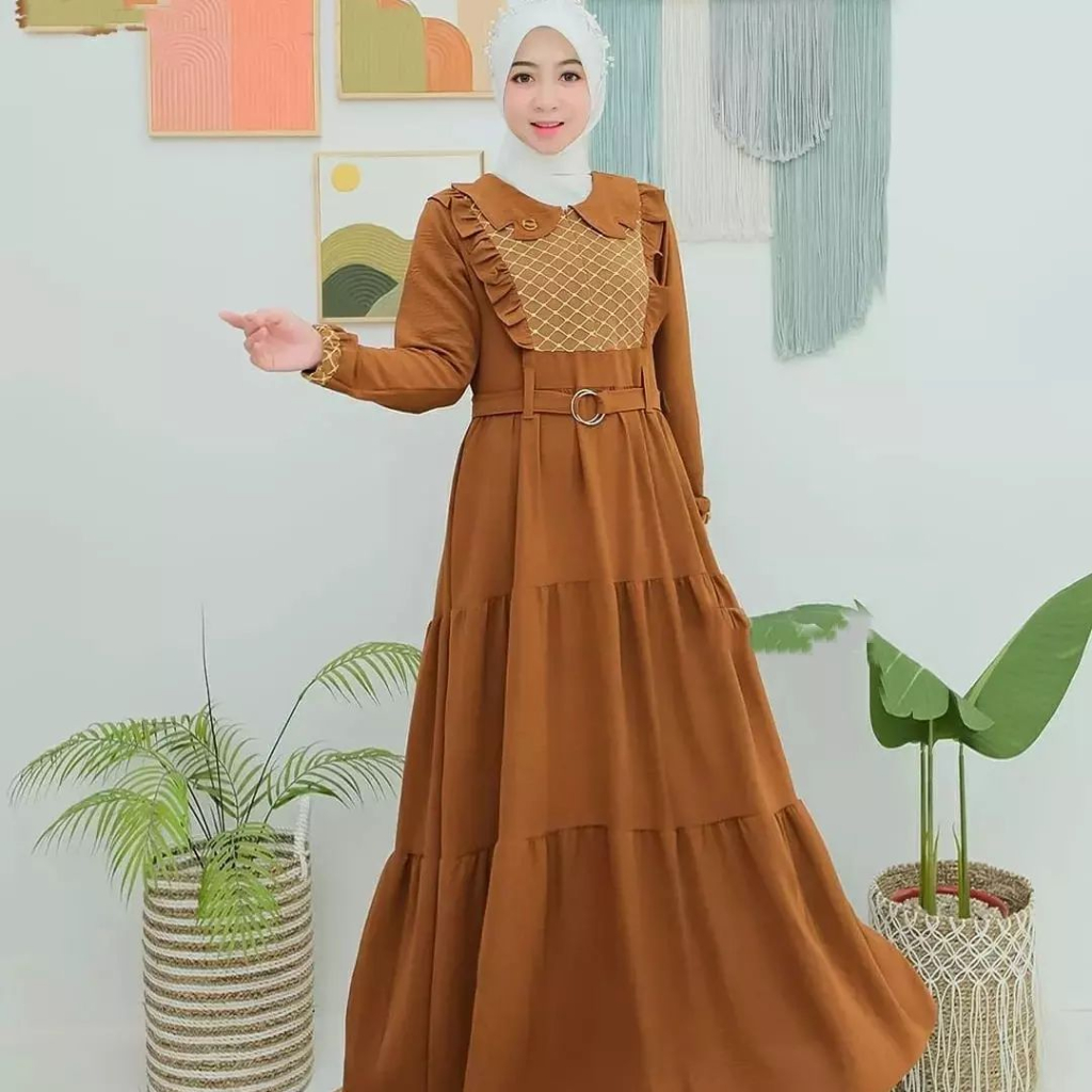 Monalisa Dress Gamis Kondangaaan Mewah Aplikasi Renda Ziper Depan Busui Bahan Crinkle