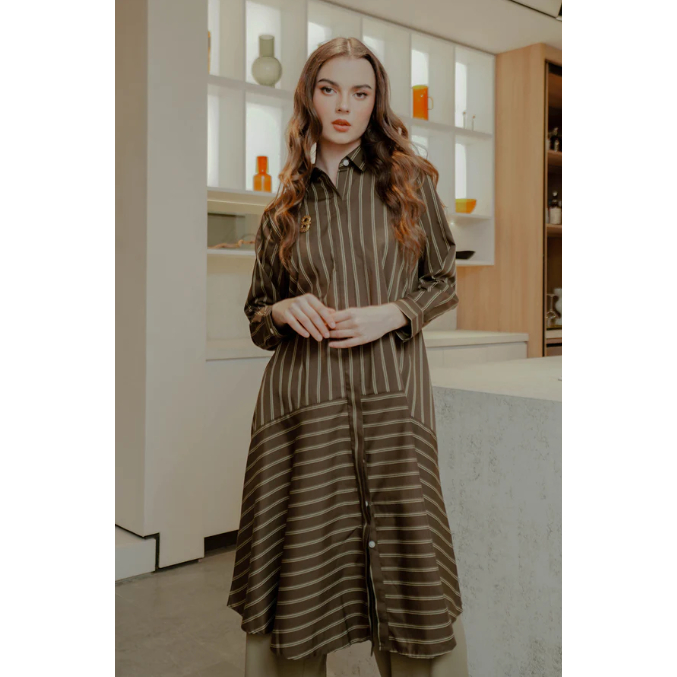 Stripes Tunic Shirt - Dark brown Tan By Benang Jarum XS S M L XL XXL  buttonscarves series voal froz