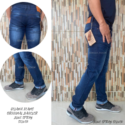 Bageler Celana Jeans Pria Bahan Stretch Denim - Dark Blue Spray Selpek