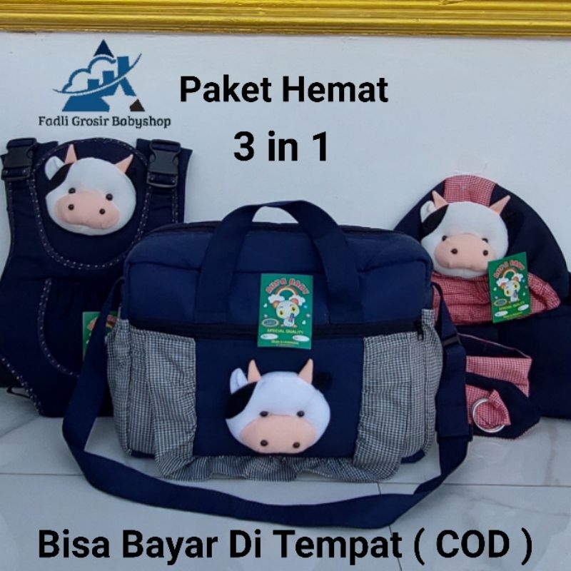 Paket Hemat (3 in 1) Tas Bayi Besar Fadli Boneka Sapi Gendongan Bayi Samping Topi Kerut Sapi Dan Gendongan Bayi Depan Multi Boneka Sapi Terbaru