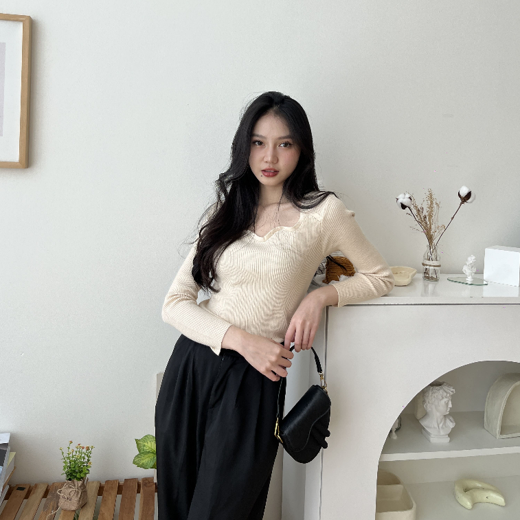 Hazel Top - Blouse Korean Wanita - Atasan Rajut - Long Sleeve Top