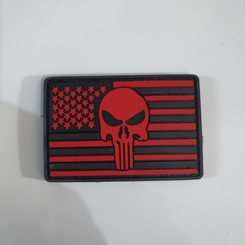 patch rubber logo tengkorak funiser dasar bendera u.s merah / tempelan emblem karet velcro