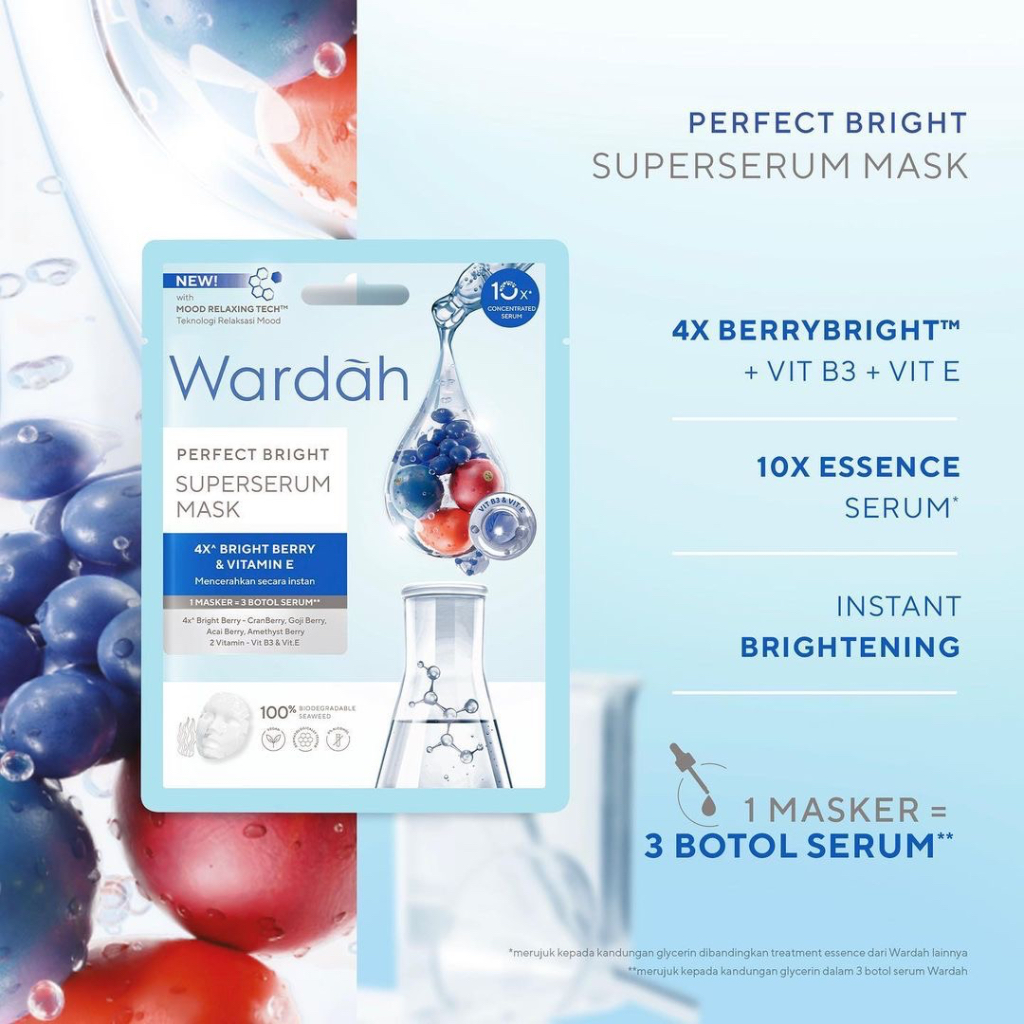 WARDAH Perfect Bright Superserum Mask Indonesia / Masker Wajah 20ml / 4X Bright Berry &amp; Vitamin E / Mencerahkan Secara Instan / Brightening Glowing Moisturizing Hydrating Menutrisi Melembabkan Kulit Muka / Skincare Face Care Series / Facial Essence Sheet