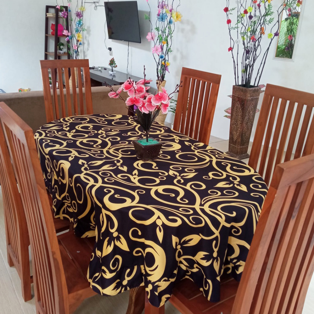 [✅COD] TAPLAK MEJA MAKAN KAIN OVAL 4-6 KURSI MODEL RUMBAI ANEKA MOTIF BATIK