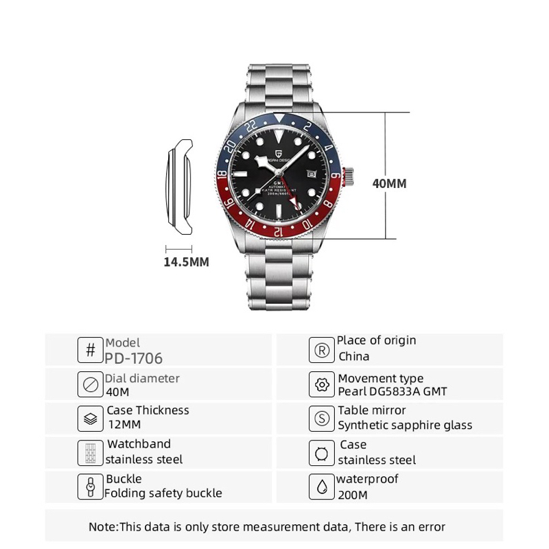 Pagani Design GMT Automatic PD 1706 Kaca Safir Tahan Air 200m Solid Stainless Steel 316L