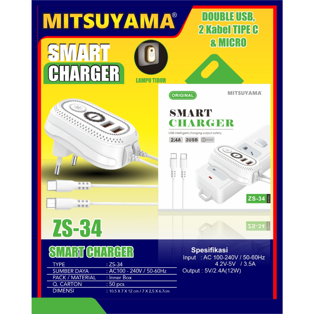 CHARGER TYPE C/B FAST CHARGING LAMPU TIDUR CHARGER HP UNIVERSAL 2 USB