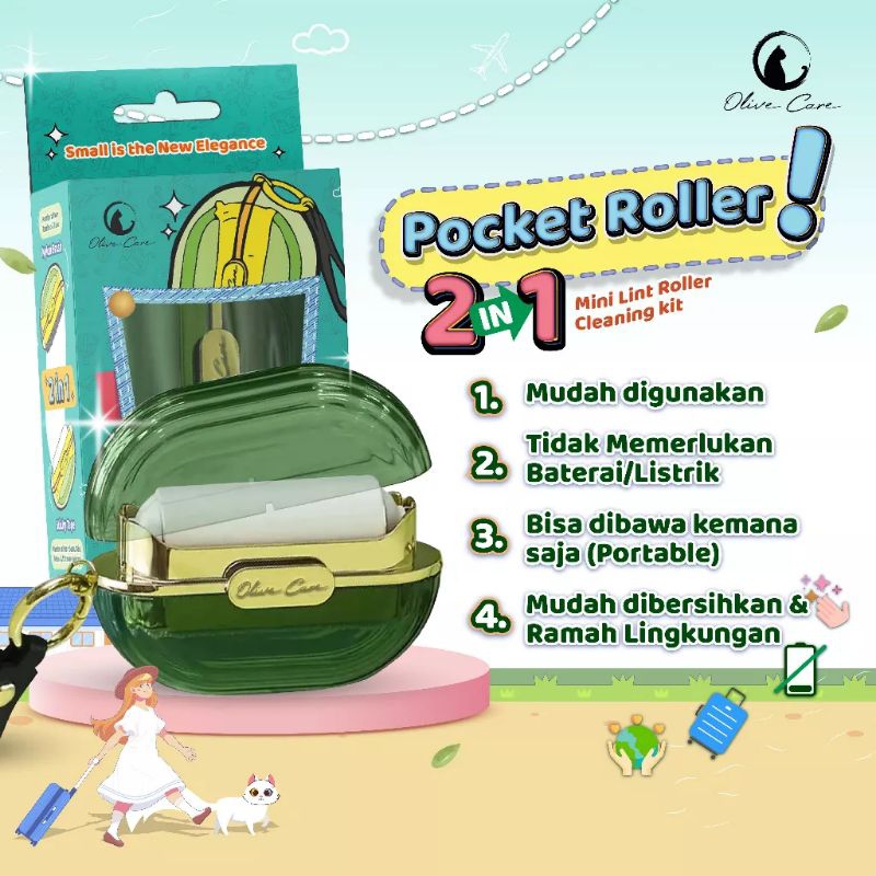 Olive Care Pocket Roller Mini Pet Roller Pembersih Bulu / Rambut Kucing Anjing Anabul 2in1 Travel Friendly