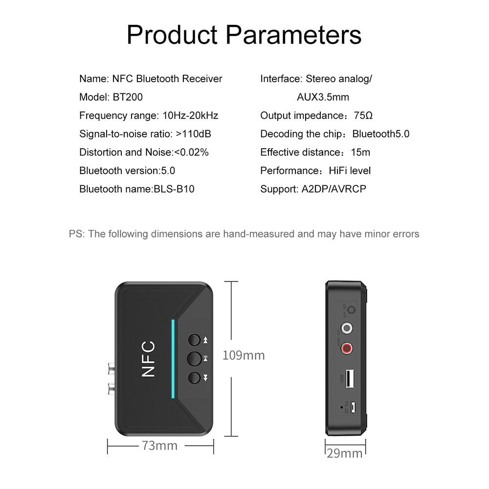 BT200 NFC Bluetooth 5.0 Penerima Audio Nirkabel Adaptor Audio Stereo 3.5Mm Suara Musik AUX RCA untuk Speaker Mobil