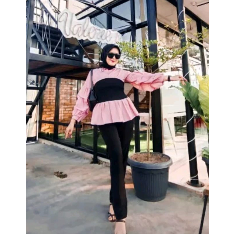 Top Atasan Kaos Blouse Perempuan Wanita Dewasa Import Lengan Puff Kimberly Molita