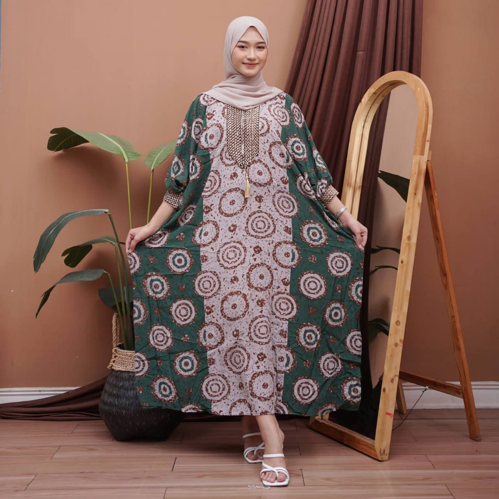 Dress Kaftan Modern Batik Wanita Elegan Cantik Baju Panjang Terusan Kaftan Sultan Kekinian Resleting Depan Busui