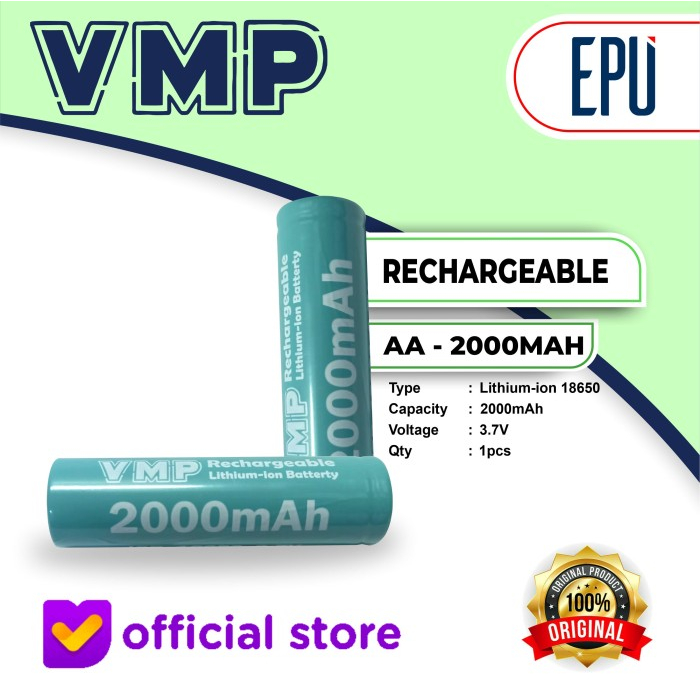 VMP Rechargeable Battery ICR 18650 Baterai Cas Baterai Vape 2000mAh