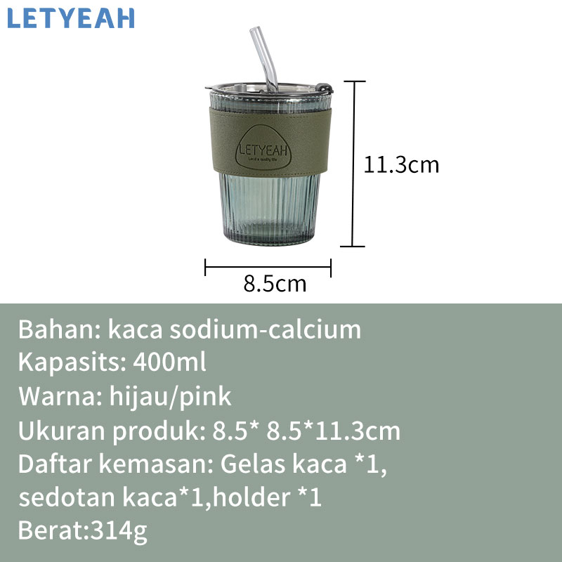 letyeah Tumbler kopi aesthetic/400ml gelas minum kaca/tumbler coffee dengan sedotan/kopi cup anti tumpah