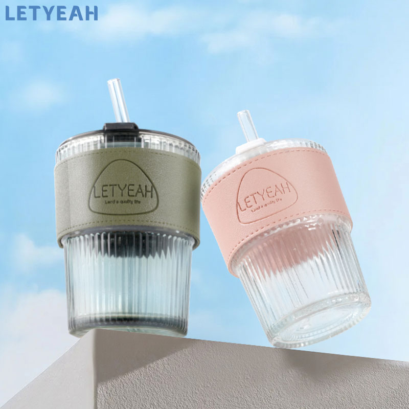 letyeah Tumbler kopi aesthetic/400ml gelas minum kaca/tumbler coffee dengan sedotan/kopi cup anti tumpah