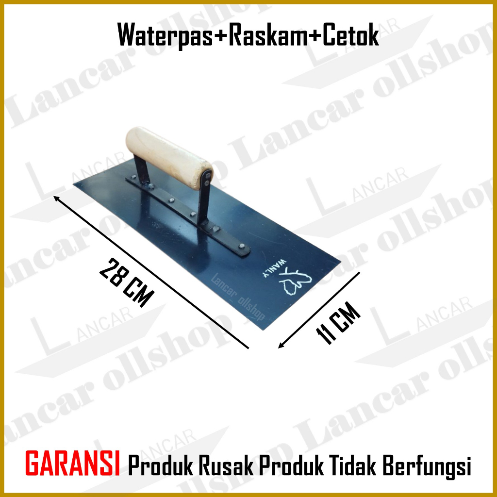 PAKET! Cetok Semen Gagang Kayu Lancip 6 inch Sendok Semen + Waterpass + Raskam