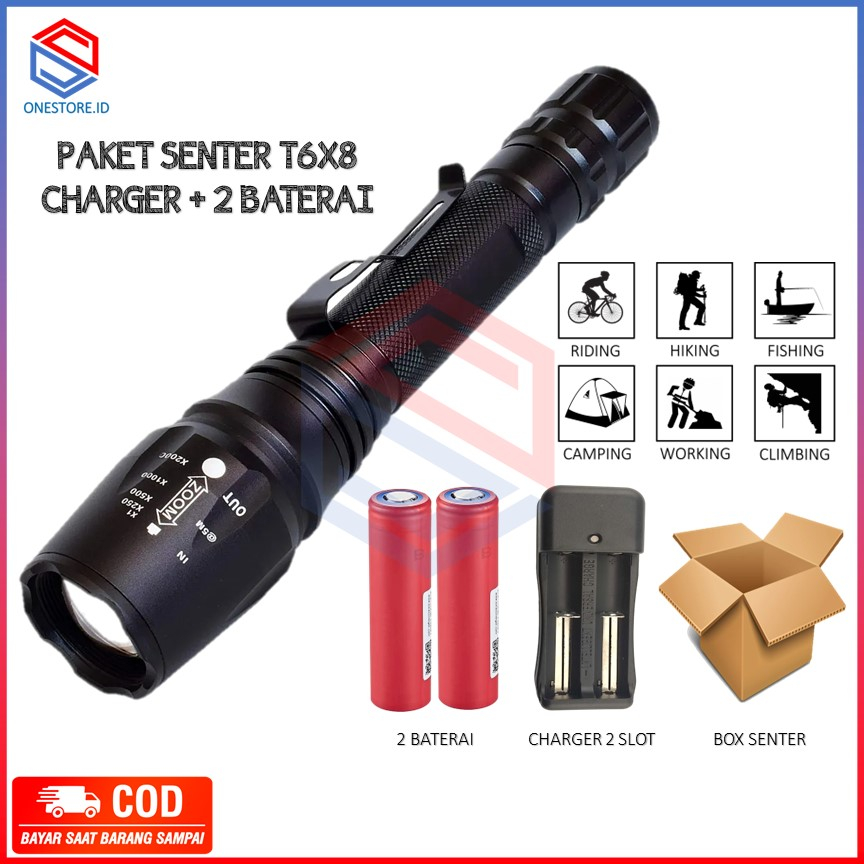 SENTER LED CREE XML T6 X8 3800 Lumens 2 BATERAI DAN CHARGER SUPER TERANG JARAK JAUH ZOOM IN OUT