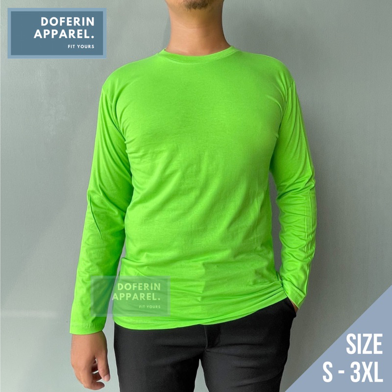 Kaos Lengan Panjang HIJAU STABILO Premium Polos Distro Pria Wanita Bahan Adem Big Size XL 2XL 3XL Ju