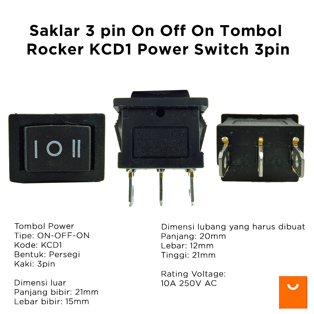 Saklar 3 pin On Off On Tombol Rocker KCD1 Power Switch 3pin