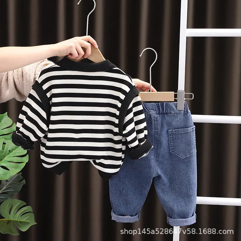 Setelan baju anak MOTIF SALUR HITAM PUTIH GREEN usia 6 bulan - 5 tahun ala korea import