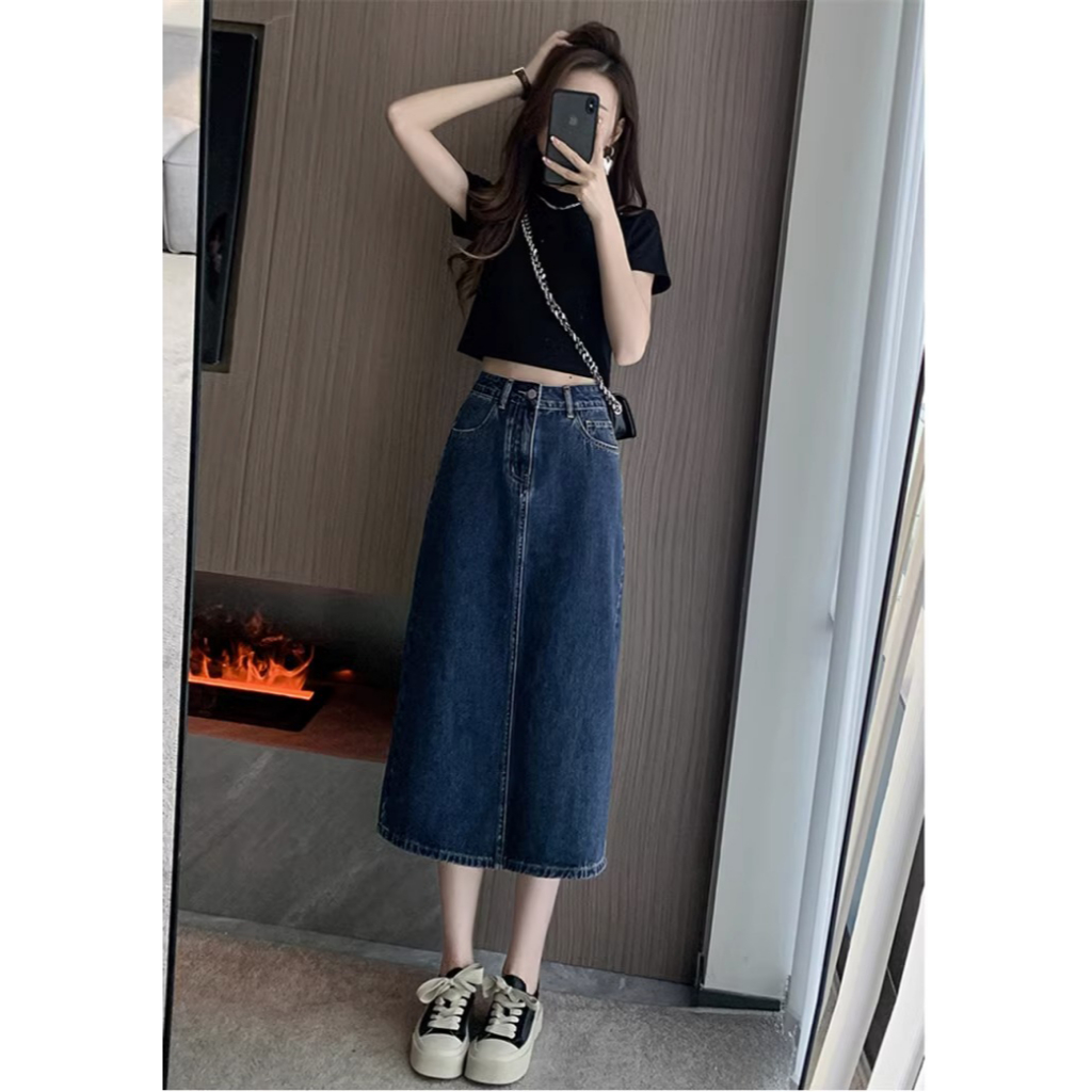 Biru laut Highwaist lucuuk gadis Rok Denim A-Line Fashion Serbaguna Rok Midi