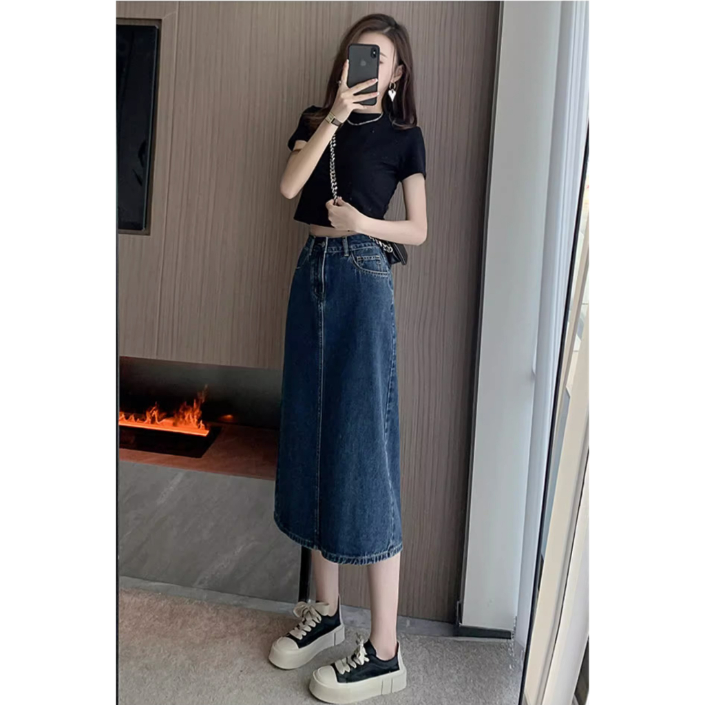 Biru laut Highwaist lucuuk gadis Rok Denim A-Line Fashion Serbaguna Rok Midi