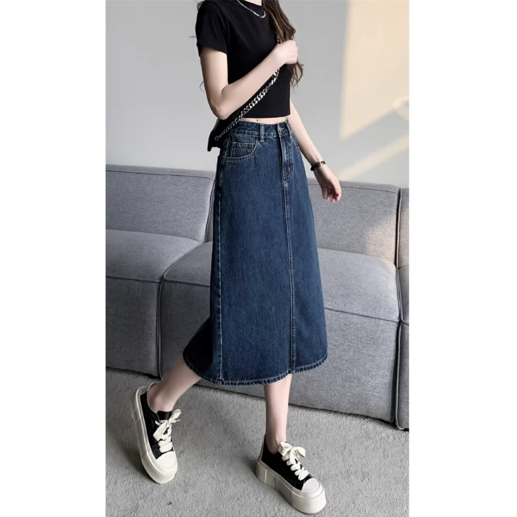 Biru laut Highwaist lucuuk gadis Rok Denim A-Line Fashion Serbaguna Rok Midi