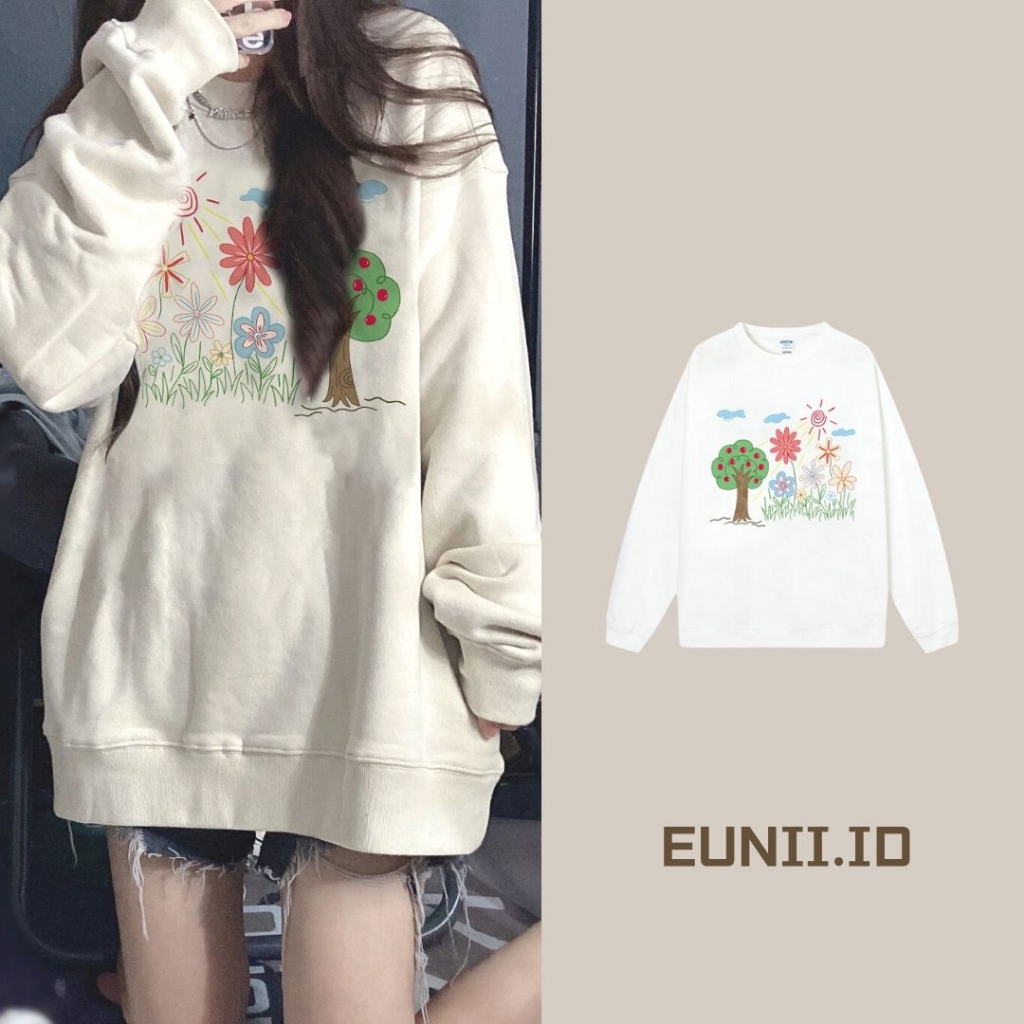 EUNII Sweater Lengan Panjang Cartoon Drawing Printing Korean Style/Sweater Crop/Baju Wanita/Switer Wanita/Switer