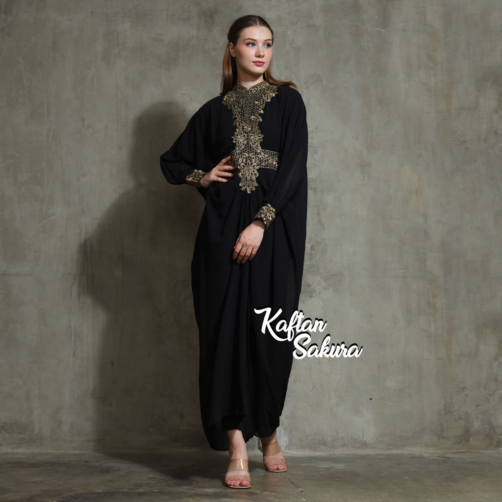 Kaftan wanita Bordir Gold motif Anggrek Mewah untuk Lebaran dan Pesta Warna Hitam Putih Pink Terbaru Best Seller termurah Grosir