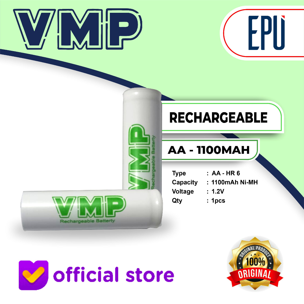 VMP Rechargeable Battery Charger AA Baterai Cas A2 Batere 1100mAh