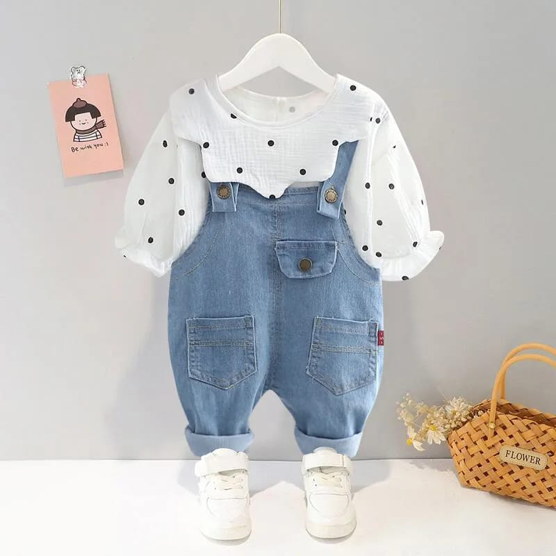 Setelan anak perempuan lengan panjang  model celana kodok motif polkadot white usia 6 bulan - 4 tahun / baju bayi overall premium import