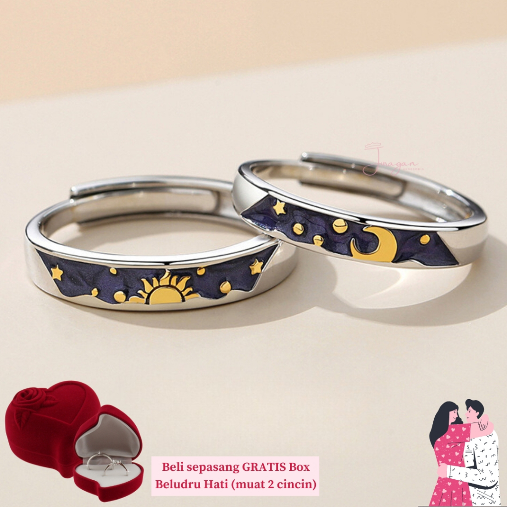 [UKIR NAMA] Cincin Couple Blue Sun &amp; Moon S31 Adjustable Ailoviu Original Perak Untuk Pasangan Hadiah Valentine Kado Gift