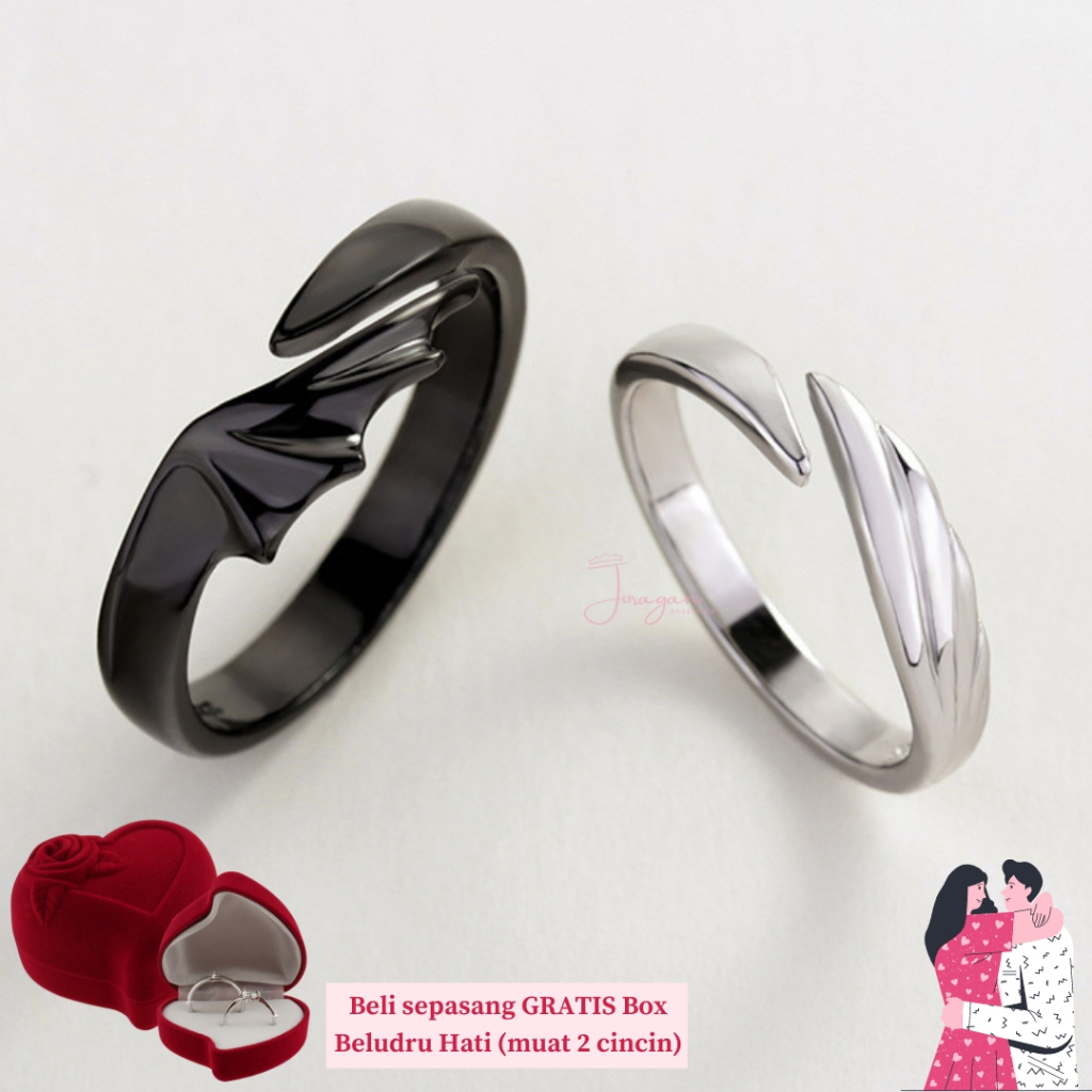 [UKIR NAMA] Cincin Couple Black Silver Angelic Wings S35 Adjustable Ailoviu Original Perak Untuk Pasangan Hadiah Valentine Kado Gift