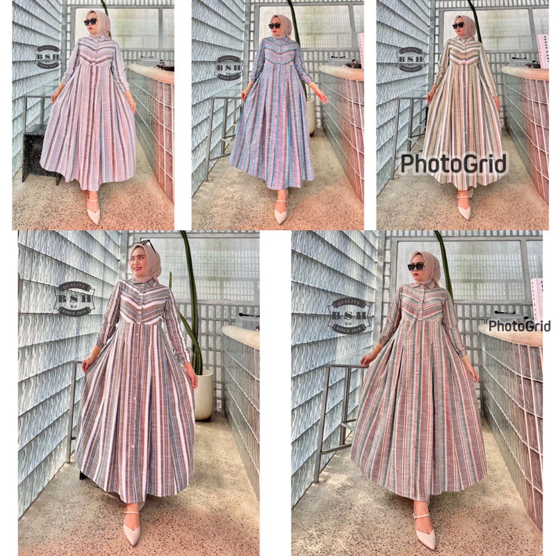 Gamis dress maudy casual daily santai jalan pastel soft lucu keren cantik katun linen motif garis sa
