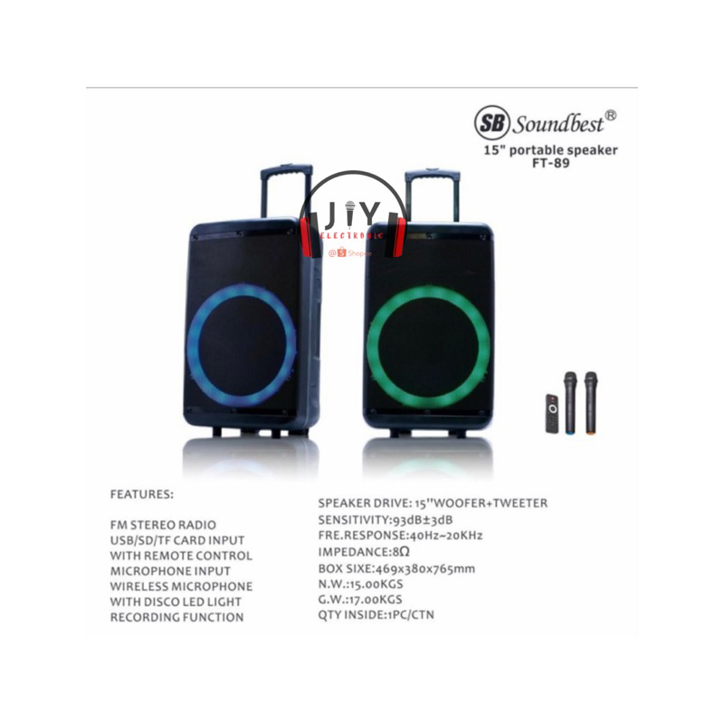 Speaker Portable Wireless Soundbest 15 inch FT89 FT 89 FT-89