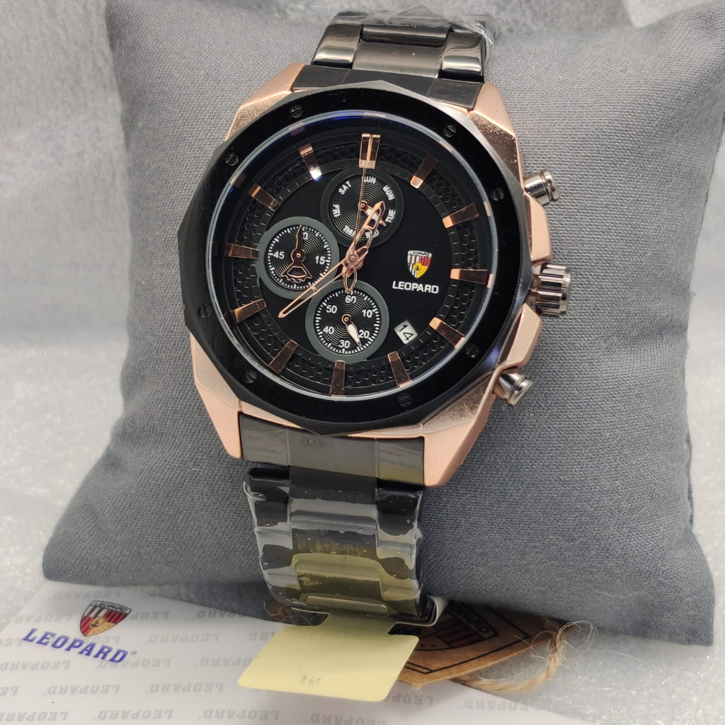 Jam Tangan Pria Leopard S8802 Original Tali Rantai Body Bulat Chrono&Tanggal Aktif Box Exclusive
