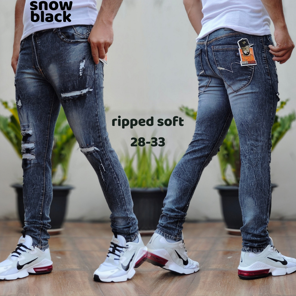 Celana Jeans Pensil Pria ripped Sobek Lutut  Bahan Melar Model slimfit Jins Cowok Distro Murah