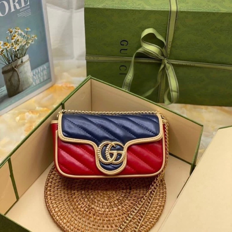 Tas Wanita Gucci GG Marmont Matelassé Super Mini bag in Colorblock New Authentic