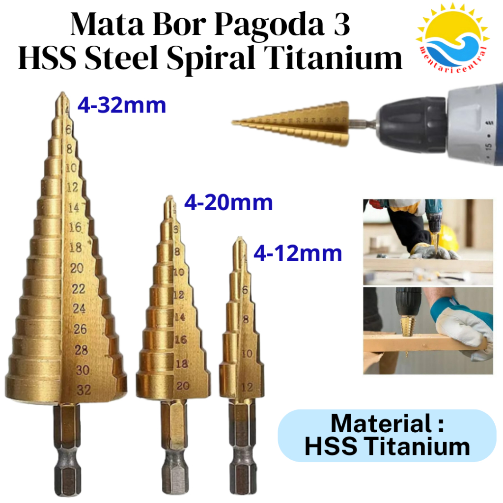 Mata Bor Pagoda Spiral Besi Kuningan Kayu Plastik Step Drill Tingkat Payung Cone HSS 3PCS