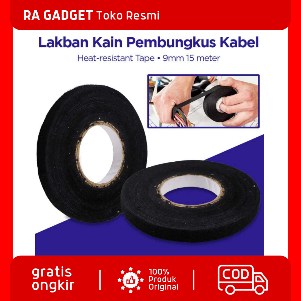Lakban Kain Pembungkus Kabel Tape Heat-resistant 9mm 15M / Solasi Solatip Isolasi Kain Perekat Penut