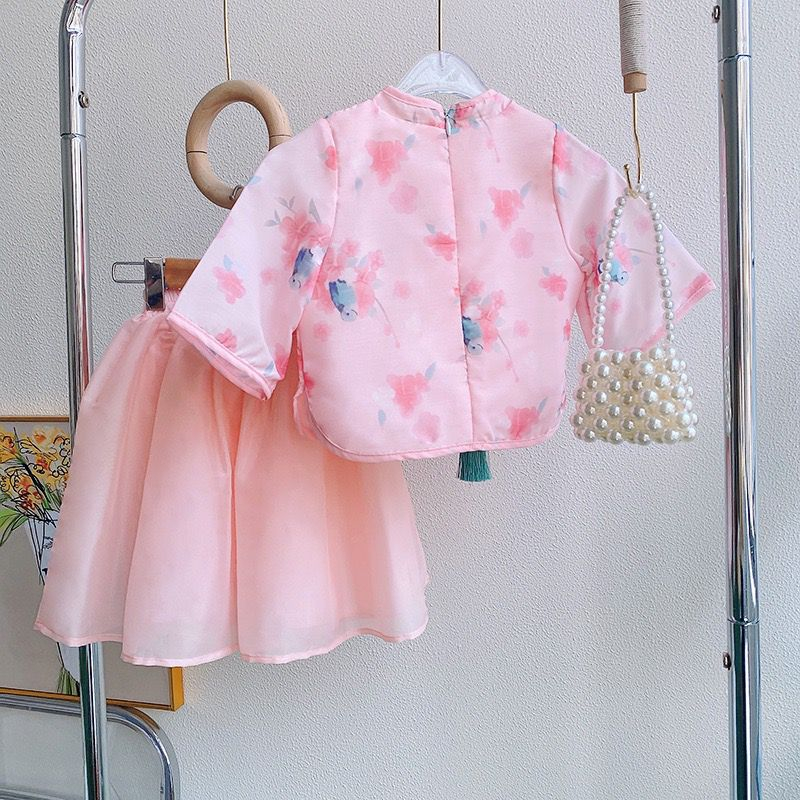 Setelan Anak Perempuan Cheonsam Pink Motif Hawfinch Bird