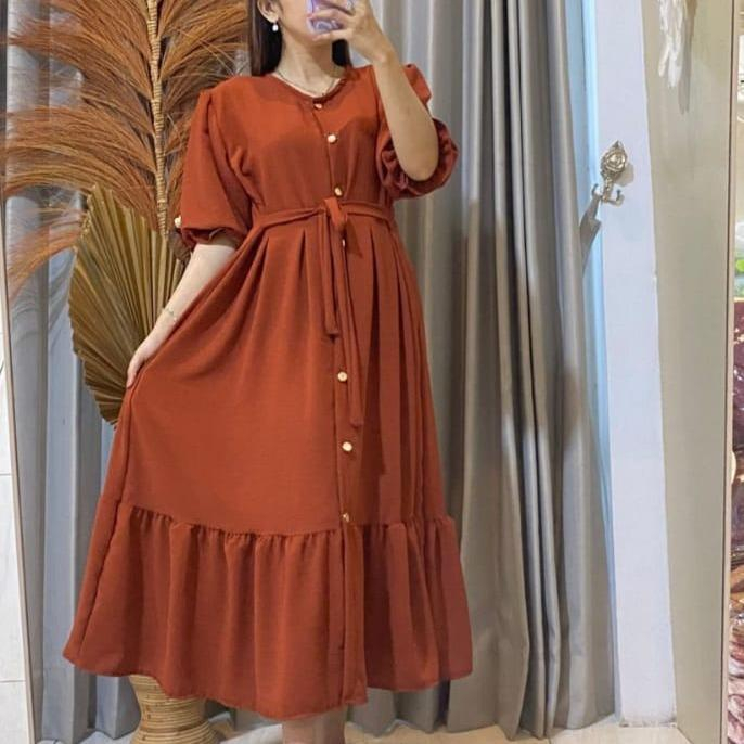 Mahalini Midi Dress Polos Casual Jalan Santai Liburan Manis Kancing Baju Wanita Rempel Flowy Variasi Tangan Balon Bumil Busui Crinkle Airflow Lembut