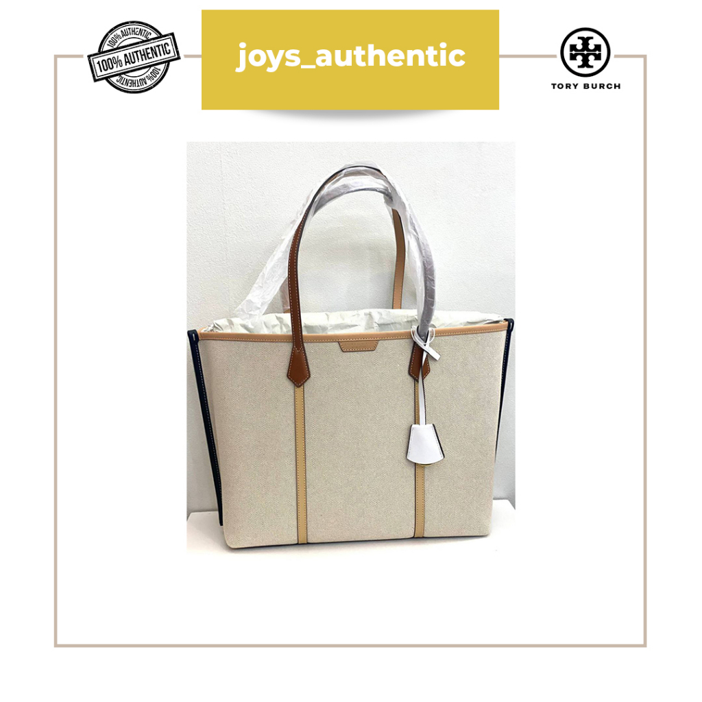 Tas Wanita TB Tory Burch Perry Canvas Triple Compartment Tote Natural Multi Woman Bag Authentic Orig