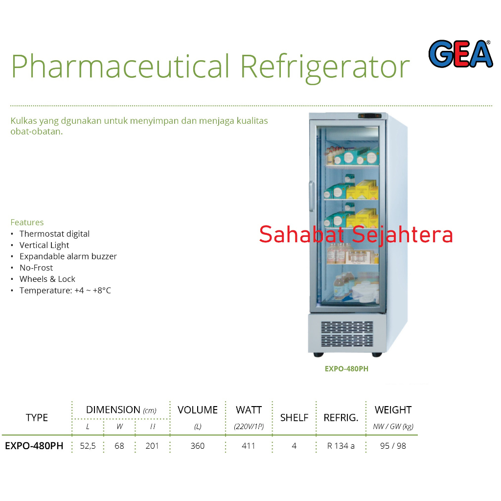 GEA Pharmaceutical Refrigerator EXPO-480PH Kulkas Untuk Penyimpan Obat Farmasi 360Liter